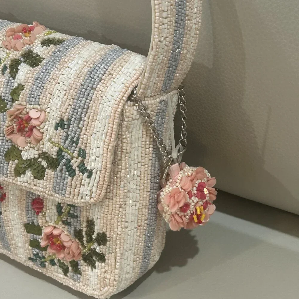 India Beaded Bag Pink Rose Flowers with Blue Pink White Stripes and Bag Charm - Picture 2 of 6